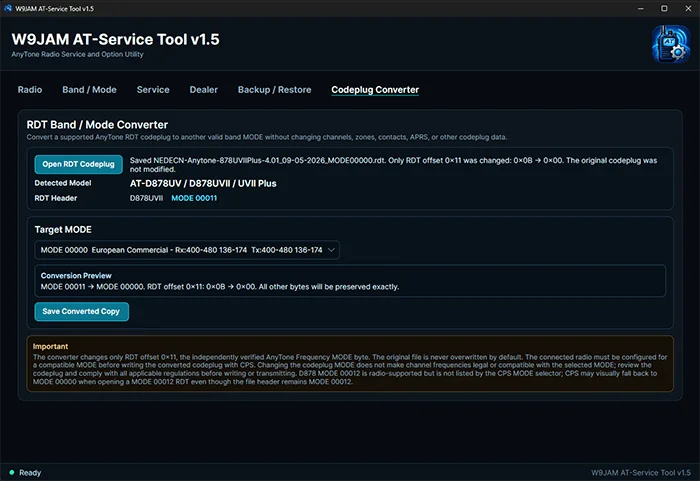 W9JAM AT-Service Tool v1.5 Codeplug Converter Image